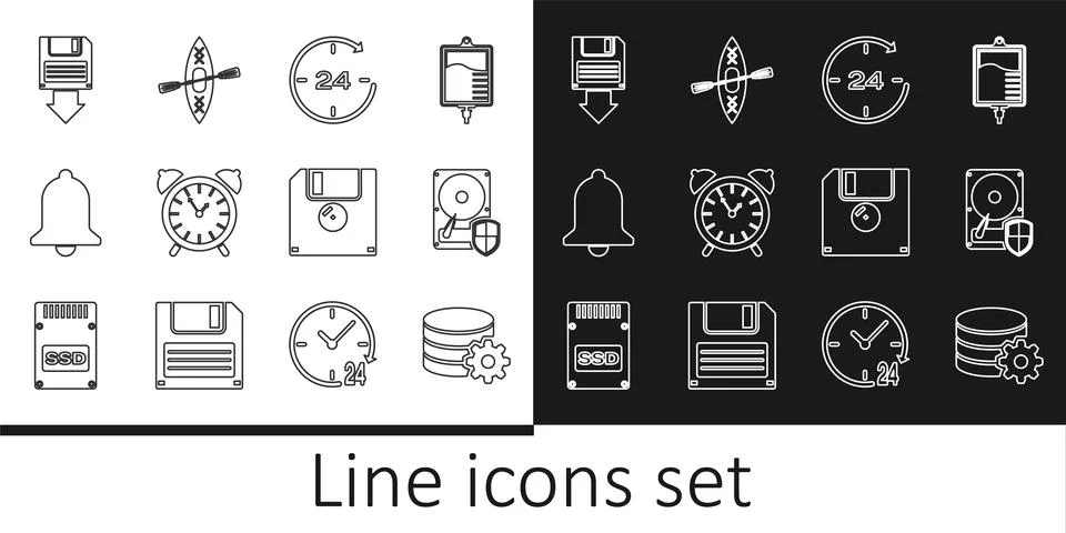 Set line Setting database server, Hard disk drive HDD protection, Clock 24 .. Stockillustratie