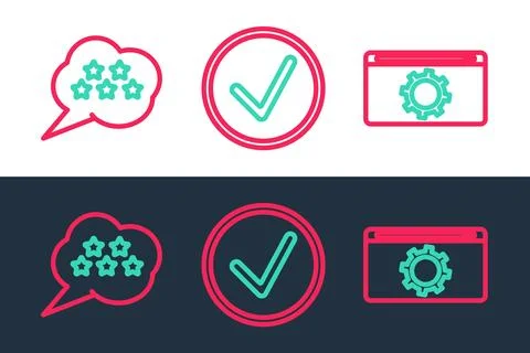Set line Setting, Five stars rating review and Check mark circle icon. Vector Ilustración de archivo