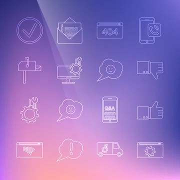 Set line Setting, Hand thumb up, Dislike, Page with 404 error, Computer monitor Stock Illustration