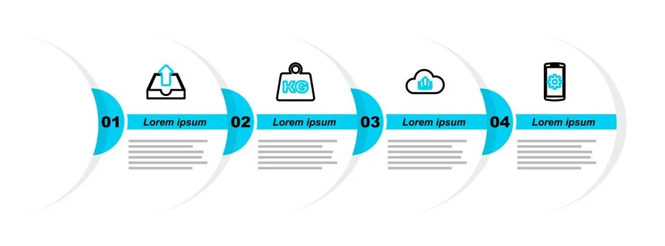 Set line Setting on smartphone, Cloud upload, Weight and Upload inbox icon Stock Illustration