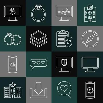 Set line Setting on smartphone, Computer monitor screen, Wind rose, Monitor with Stockillustratie
