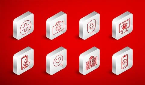 Set line Setting on smartphone, First aid kit, Medical shield with cross, M.. Stock Illustration
