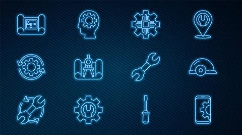 Set line Setting on smartphone, Worker safety helmet, Processor, Graphing paper Illustrazione stock