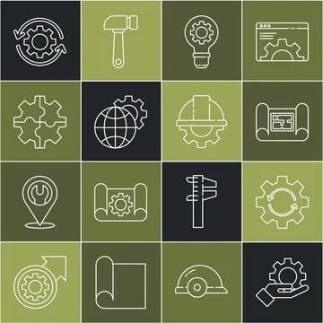 Set line Settings in the hand, Gear arrows as workflow, House plan, Light bulb Illustrazione stock