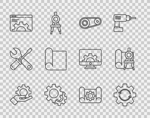 Set line Settings in the hand, Gear arrows as workflow, Timing belt kit, Browser Illustrazione stock