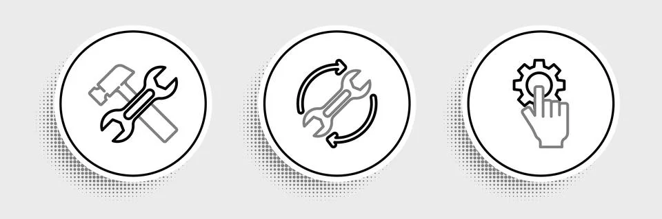 Set line Settings in the hand, Hammer wrench and Wrench arrows as workflow icon Illustrazione stock