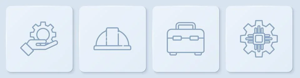 Set line Settings in the hand, Toolbox, Worker safety helmet and Processor Stock Illustration