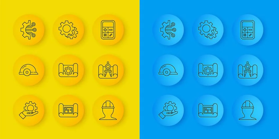 Set line Settings in the hand, Worker safety helmet, Graphing paper gear Stock Illustration