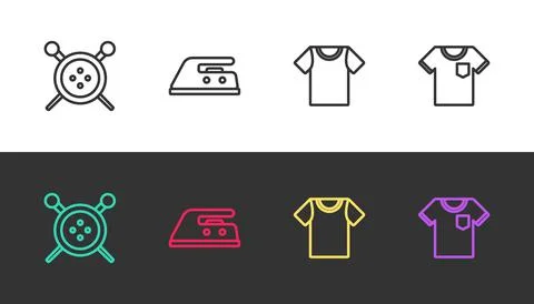 Set line Sewing button and knitting needles, Electric iron, T-shirt and  on b 스톡 일러스트