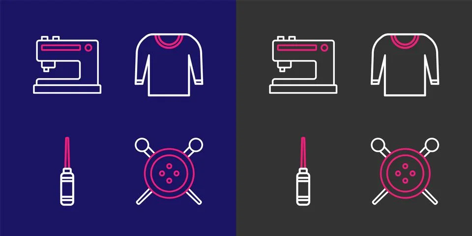 Set line Sewing button and knitting needles, Awl tool, Sweater and machine .. Иллюстрация