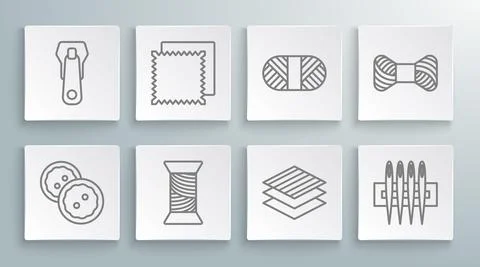 Set line Sewing button for clothes, Textile fabric roll, thread spool, Needle Stock Illustration