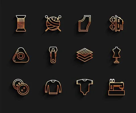 Set line Sewing button for clothes, Sweater, thread spool, Baby, machine, Zipper Stock Illustration