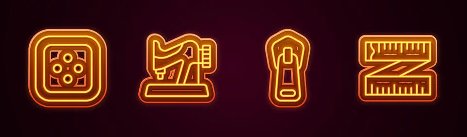 Set line Sewing button for clothes, machine, Zipper and Tape measure. Glowing Stock Illustration