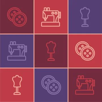 Set line Sewing button for clothes, Mannequin and machine icon. Vector 스톡 일러스트