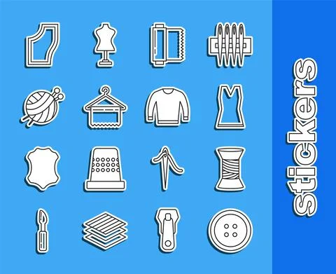 Set line Sewing button for clothes, thread spool, Woman dress, Textile fabric Illustrazione stock