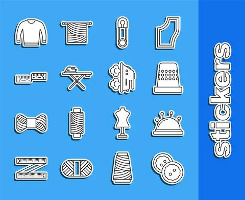 Set line Sewing button for clothes, Needle bed and needles, Thimble sewing Stock Illustration