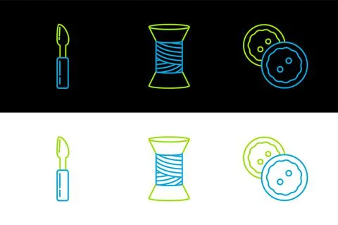 Set line Sewing button for clothes, Cutter tool and thread spool icon. Vector Illustrazione stock