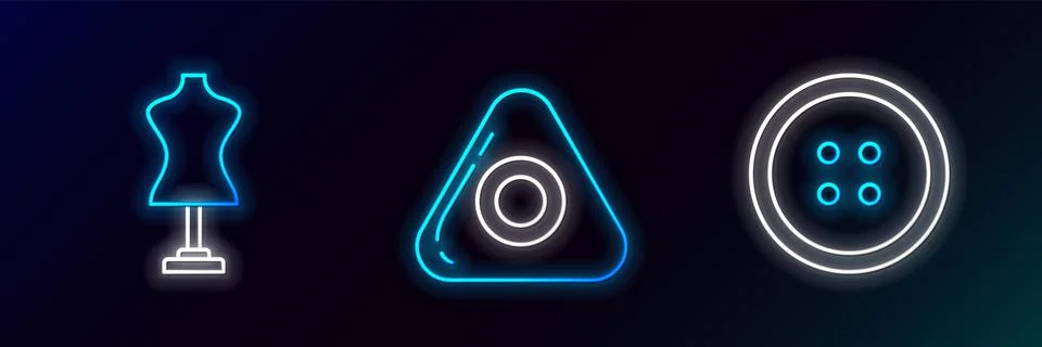 Set line Sewing button for clothes, Mannequin and chalk icon. Glowing neon Stock Illustration