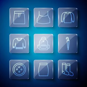 Set line Sewing button for clothes, Skirt, Socks, Sweater, School backpack, and Illustrazione stock