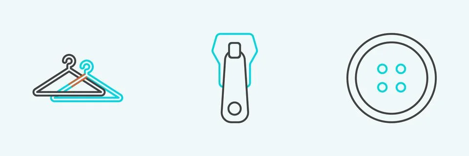 Set line Sewing button for clothes, Hanger wardrobe and Zipper icon. Vector 스톡 일러스트
