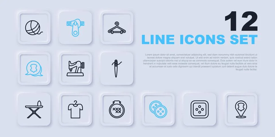 Set line Sewing button for clothes, Leather, machine, T-shirt hanger, Zippe.. Stock Illustration