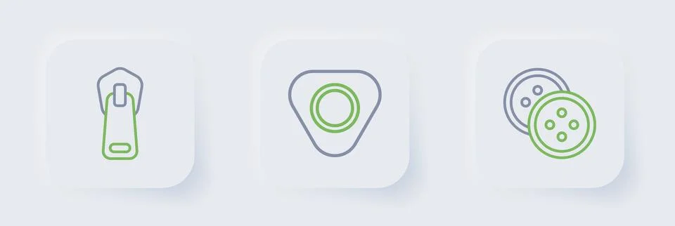 Set line Sewing button for clothes, chalk and Zipper icon. Vector Stock Illustration