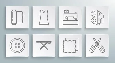 Set line Sewing button for clothes, Woman dress, Ironing board, Textile fab.. Stock Illustration