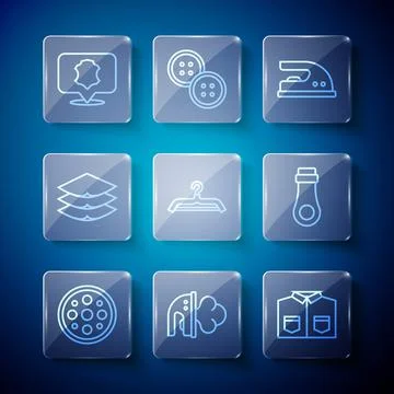 Set line Sewing button, Electric iron, Shirt, Hanger wardrobe, Layers clothing Stock-Illustration