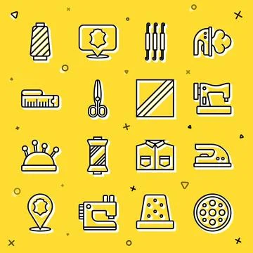 Set line Sewing button, Electric iron, machine, Crochet hook, Scissors, Tap.. Stock Illustration