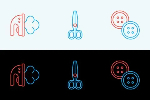 Set line Sewing button, Electric iron and Scissors icon. Vector Stock Illustration