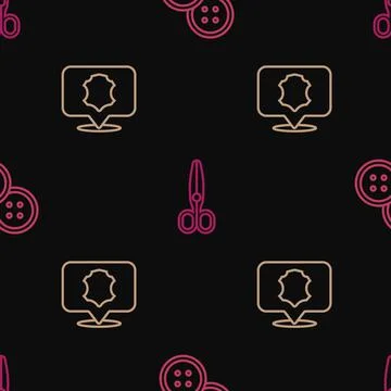 Set line Sewing button, Leather and Scissors on seamless pattern. Vector イラスト素材