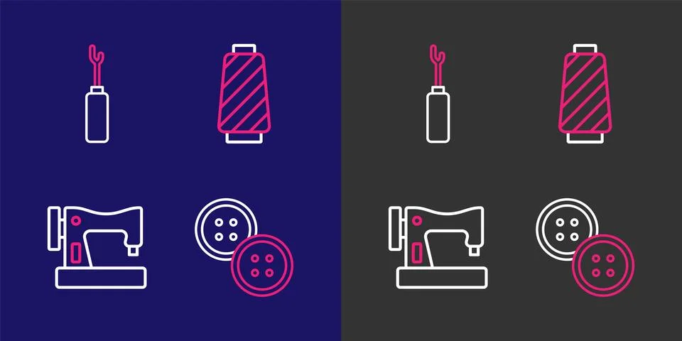Set line Sewing button, machine, thread spool and Awl tool icon. Vector Illustrazione stock