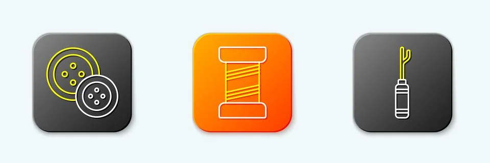 Set line Sewing button, thread and Awl tool icon. Vector Stock Illustration