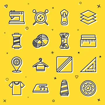 Set line Sewing button, Triangular ruler, Tape measure, Zipper, Yarn ball 스톡 일러스트