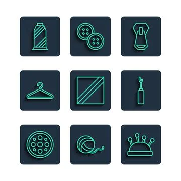 Set line Sewing button, Yarn ball, Needle bed and needles, Zipper, Textile Stock Illustration