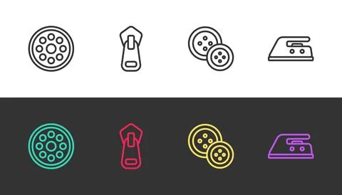Set line Sewing button, Zipper, and Electric iron on black and white. Vector Stock Illustration
