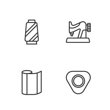 Set line Sewing chalk, Textile fabric roll, thread on spool and machine icon. Stock Illustration