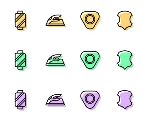 Set line Sewing chalk, thread on spool, Electric iron and Leather icon. Vector 스톡 일러스트