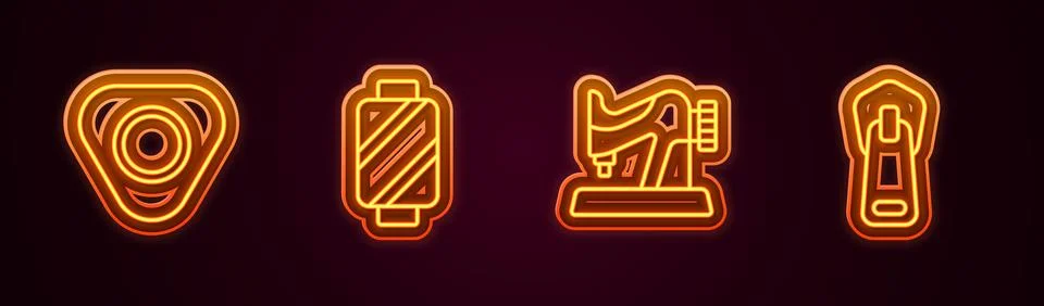 Set line Sewing chalk, thread on spool, machine and Zipper. Glowing neon icon Stock Illustration