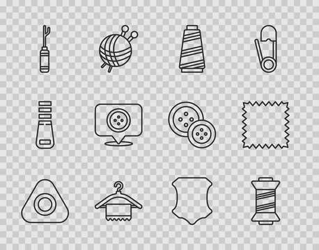 Set line Sewing chalk, thread, Hanger wardrobe, Awl tool, Location tailor s.. Stock Illustration