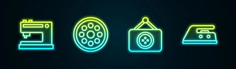 Set line Sewing machine, button, Tailor shop and Electric iron. Glowing neon Stock Illustration