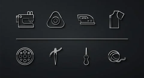 Set line Sewing machine, button, pattern, Awl tool, Needle with thread, chalk Stock Illustration