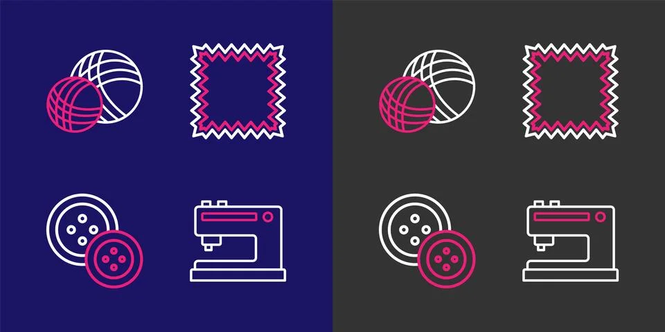 Set line Sewing machine, button, Leather and Yarn ball icon. Vector Stock Illustration