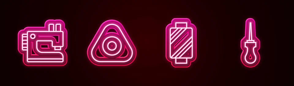 Set line Sewing machine, chalk, thread on spool and Awl tool. Glowing neon .. Stock Illustration