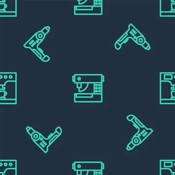 Set line Sewing machine, Electric drill and Coffee and cup on seamless pattern Illustrazione stock
