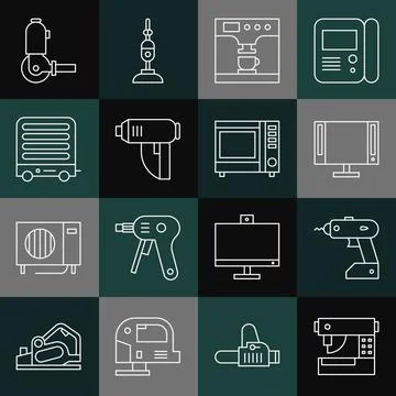 Set line Sewing machine, Electric cordless screwdriver, Smart Tv, Coffee and cup Illustrazione stock