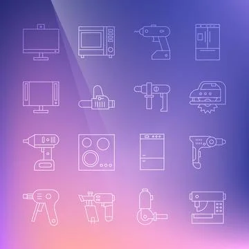 Set line Sewing machine, Electric drill, circular saw, cordless screwdriver,  Stock Illustration