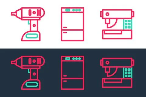 Set line Sewing machine, Electric cordless screwdriver and Refrigerator icon Stock Illustration