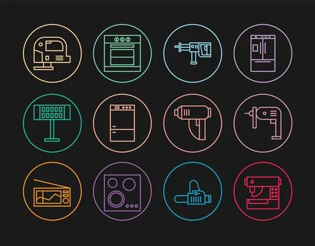 Set line Sewing machine, Electric drill, Rotary hammer, Refrigerator, heater Illustrazione stock