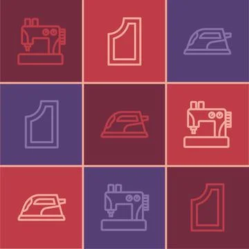 Set line Sewing machine, Electric iron and pattern icon. Vector Illustrazione stock